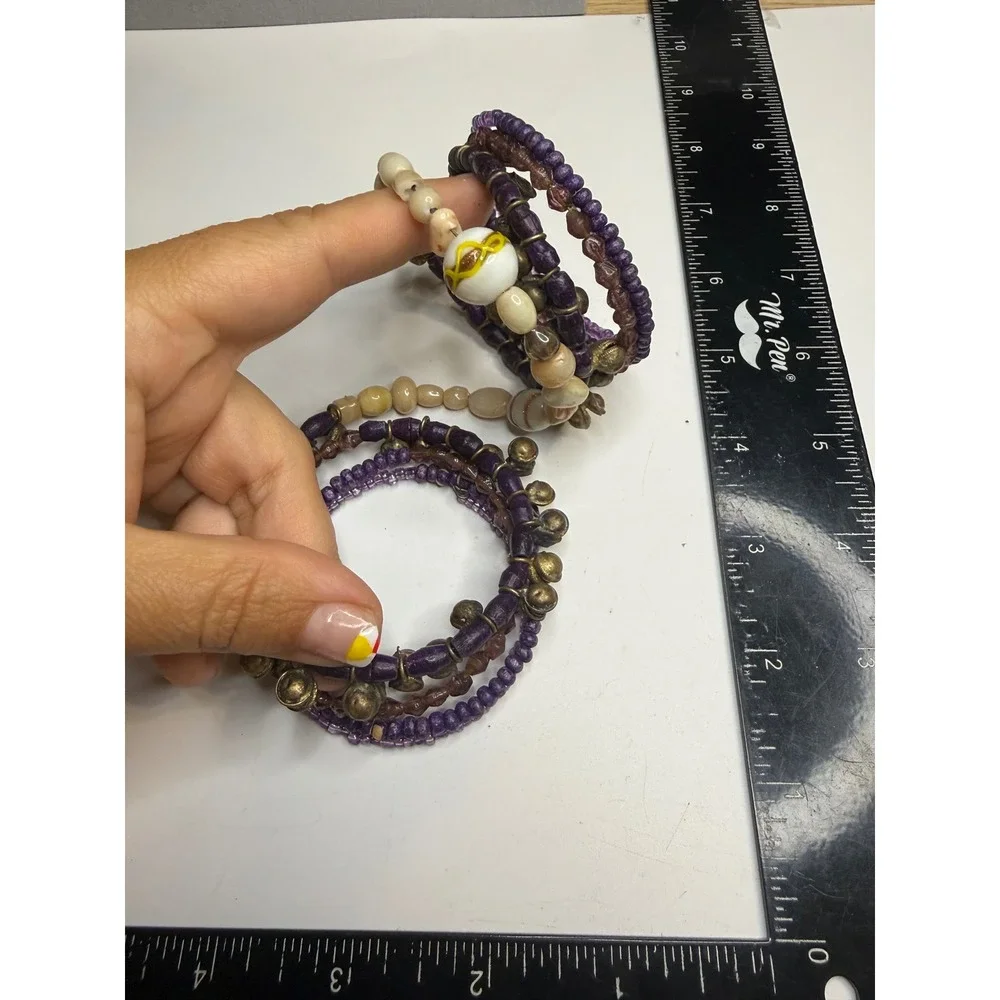 Boho Multi Strand Stretch Bracelet Purple Beads Brass Bells Stackable Set